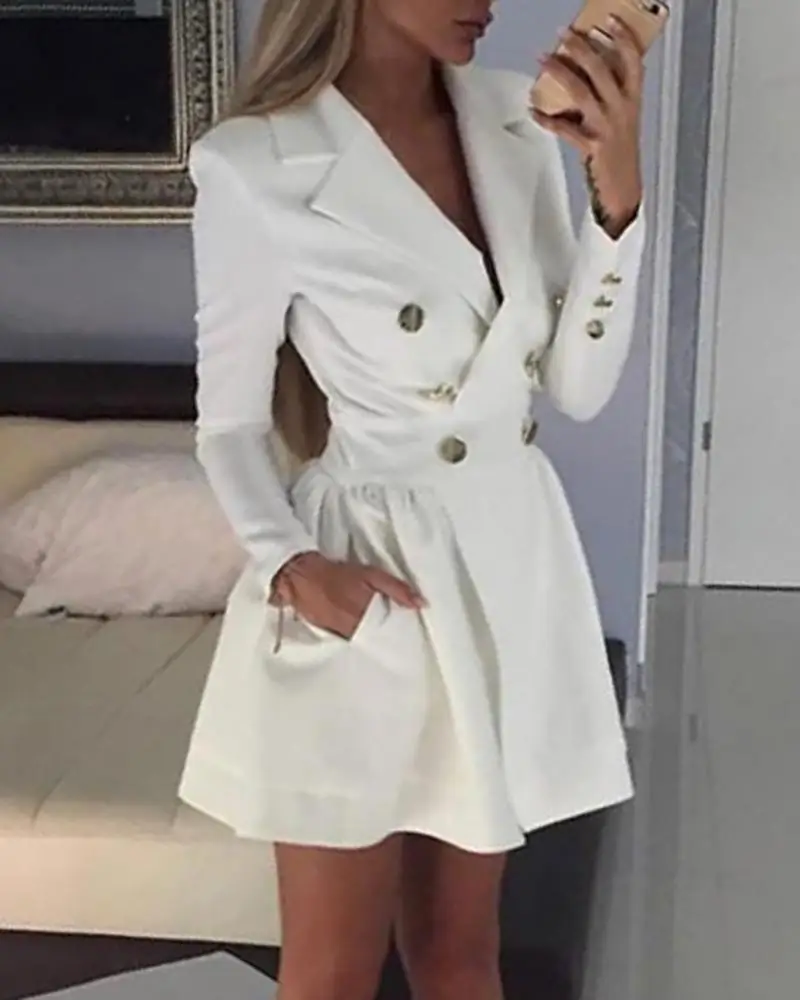 Элегантный черный длинный рукав двубортный Блейзер платье для женщин высокое