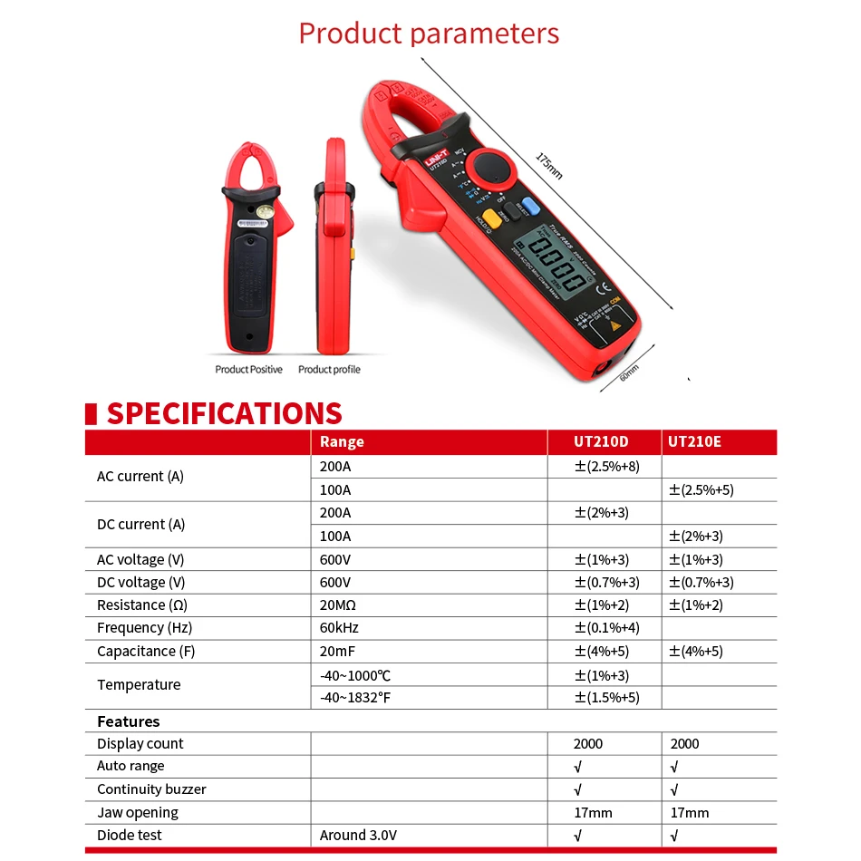Цифровой токоизмерительный прибор UT210E с автоматическим диапазоном