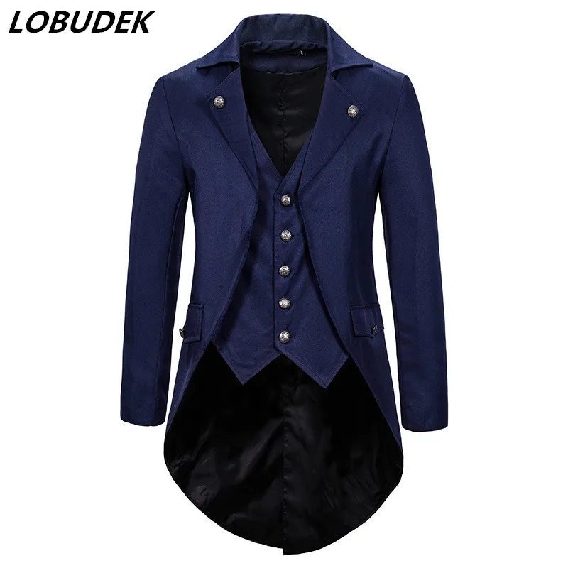 

Мужской Блейзер средней длины, темно-синий/винно-красный/черный Блейзер со шлейфом, 2 предмета, Женский костюм для сценического смокинга