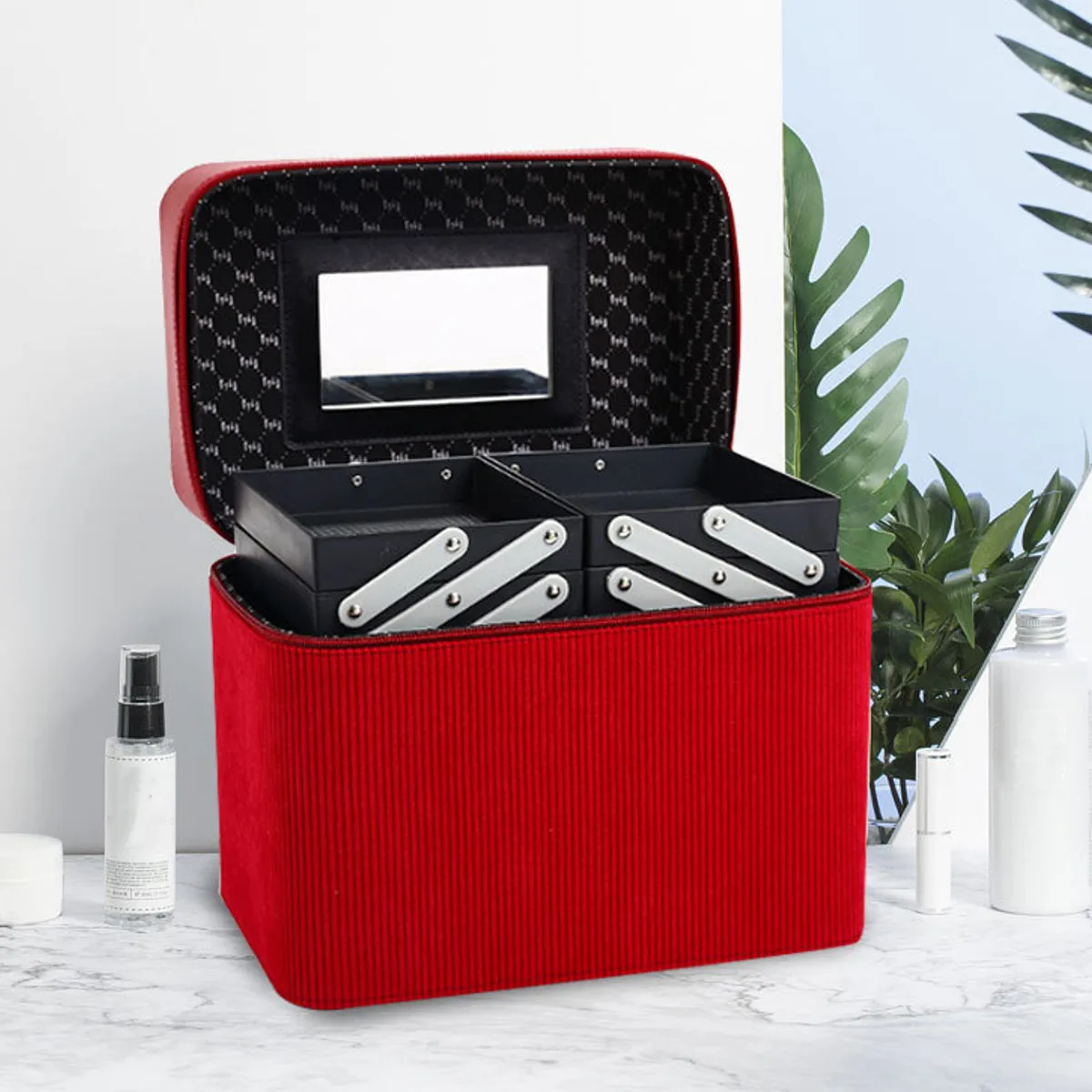 

Portable Large Capacity Aluminum Alloy PU Leather Cosmetic Makeup Vanity Storage Double Zipper Box Beauty Vanity Case Organizer