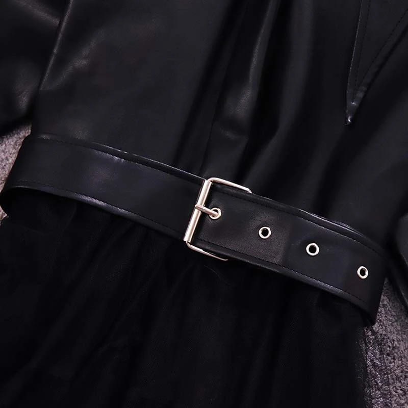 

Ladies temperament PU leather stand collar lantern sleeves waist stitching mesh long windbreaker female 2021 autumn new