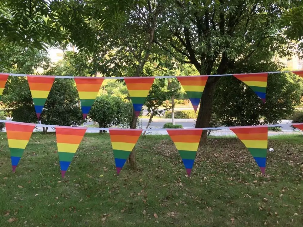 Бесплатная доставка 10 м треугольный флаг радужные флаги гей полиэстер подвесной