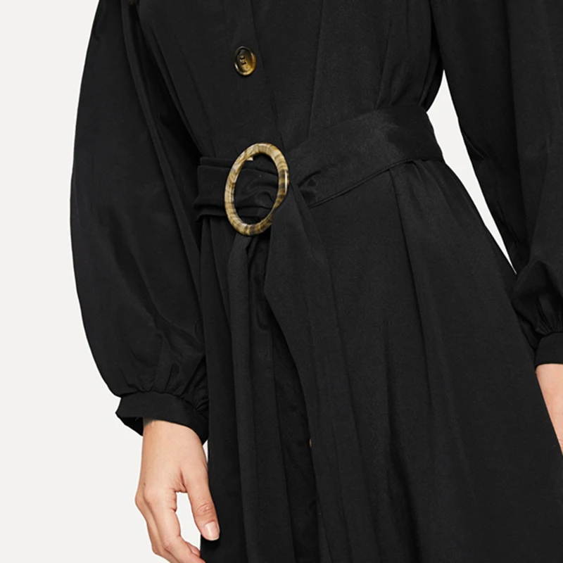 SHEIN Платье На Пуговицах С Поясом Элегантное Платье С V-Образным Вырезом Для Женщин
