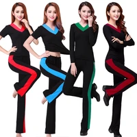 fashion women latin dance suit short sleeves tops and pants 2pcs set for adult female ballroom waltz dancing practice costumes