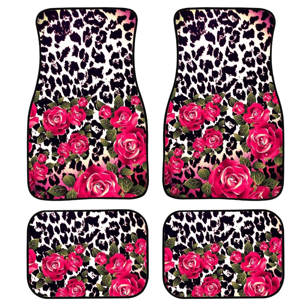 

Резиновые напольные коврики INSTANTARTS с леопардовым и розовым цветком, передние и задние коврики для автомобилей, набор автомобильных аксессу...