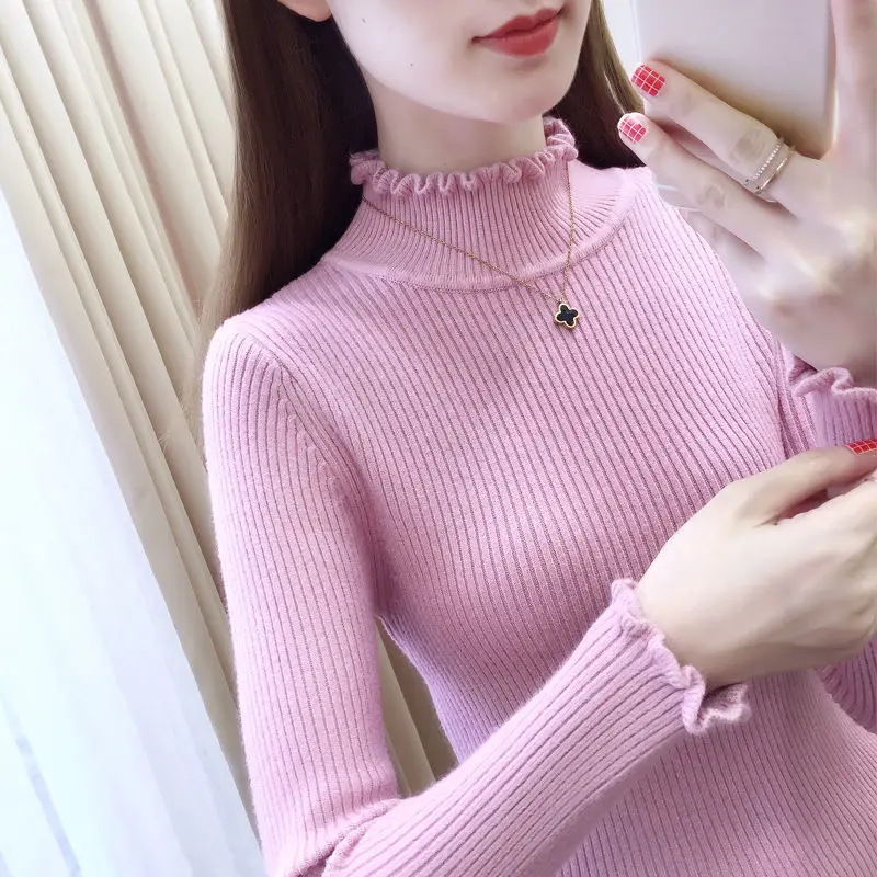 

Ladies Half Turtleneck Sweater Women Fall Winter New Style Knitted Wood Ears Slim Solid Color Long Sleeve Sweater Female Top