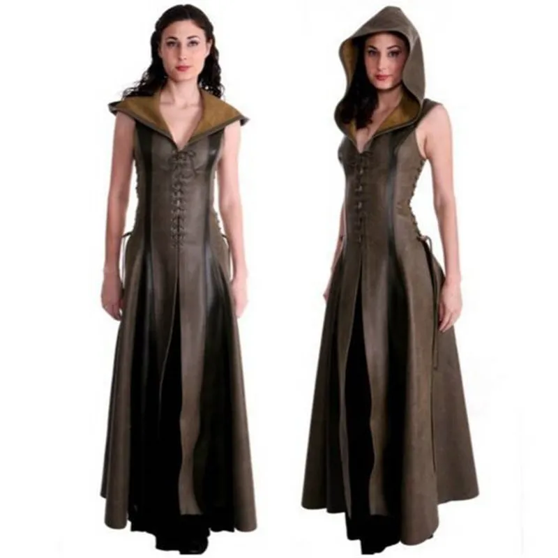 

Hottest Women Cosplay Anime Cosplay Costume Fashionable Hooded Archer Costume Leather Long Dress sleeveless Medieval Women Suit