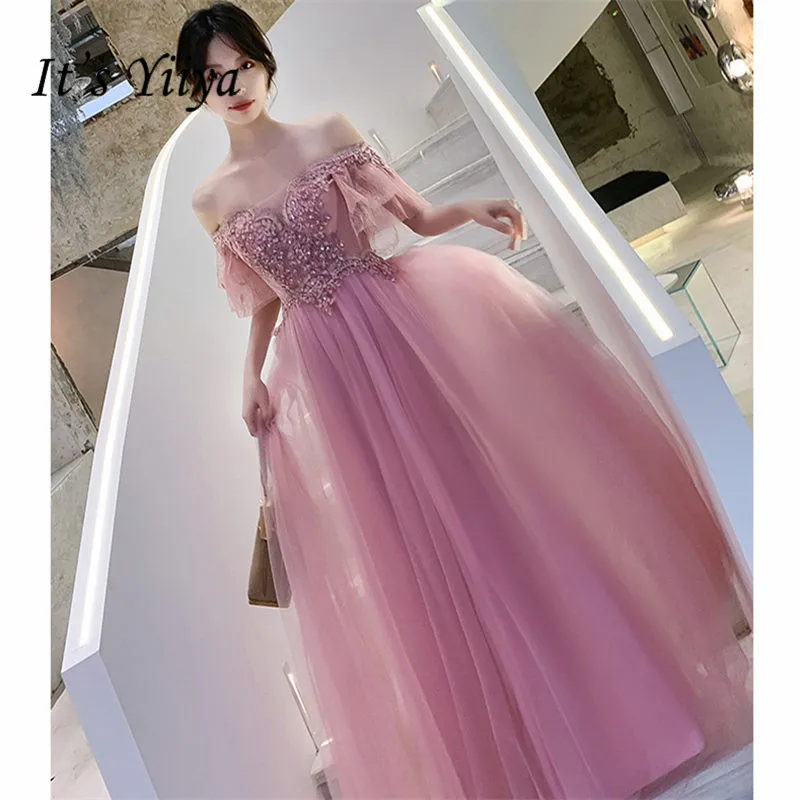 It's Yiiya Evening Dresses Boat Neck Plus Size Short Sleeve Appliques Robe De Soiree Floor-Length Women Party E896 | Свадьбы и