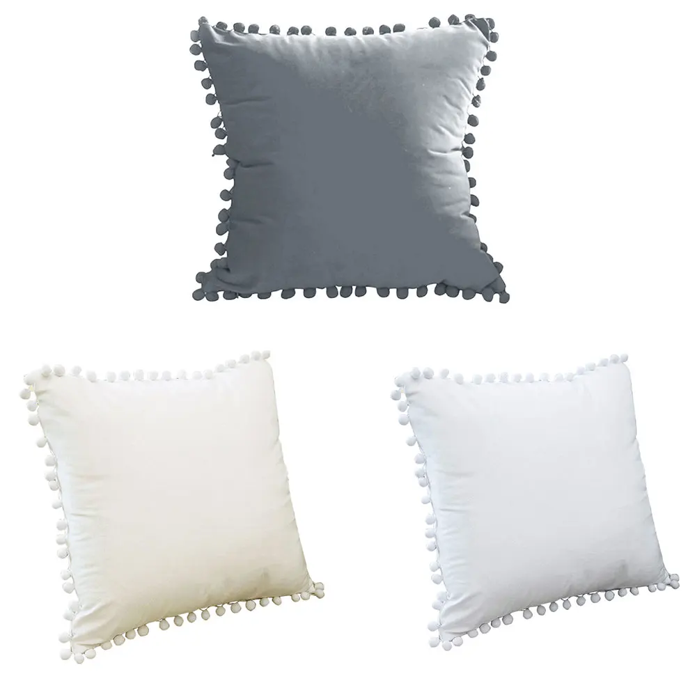 

Morden Pillow Covers Square Velvet Cushion Pillowcases With Pompom Lace Soft Decorative Pillow Cloth For Home Sofa Bed Grey