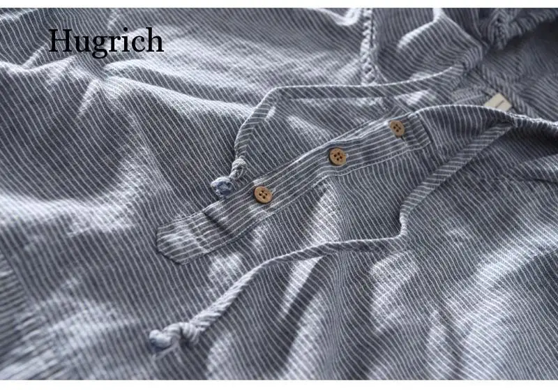 

Retro men's Japanese shirt hooded striped collar linen cotton bust casual all-match sports T-shirt