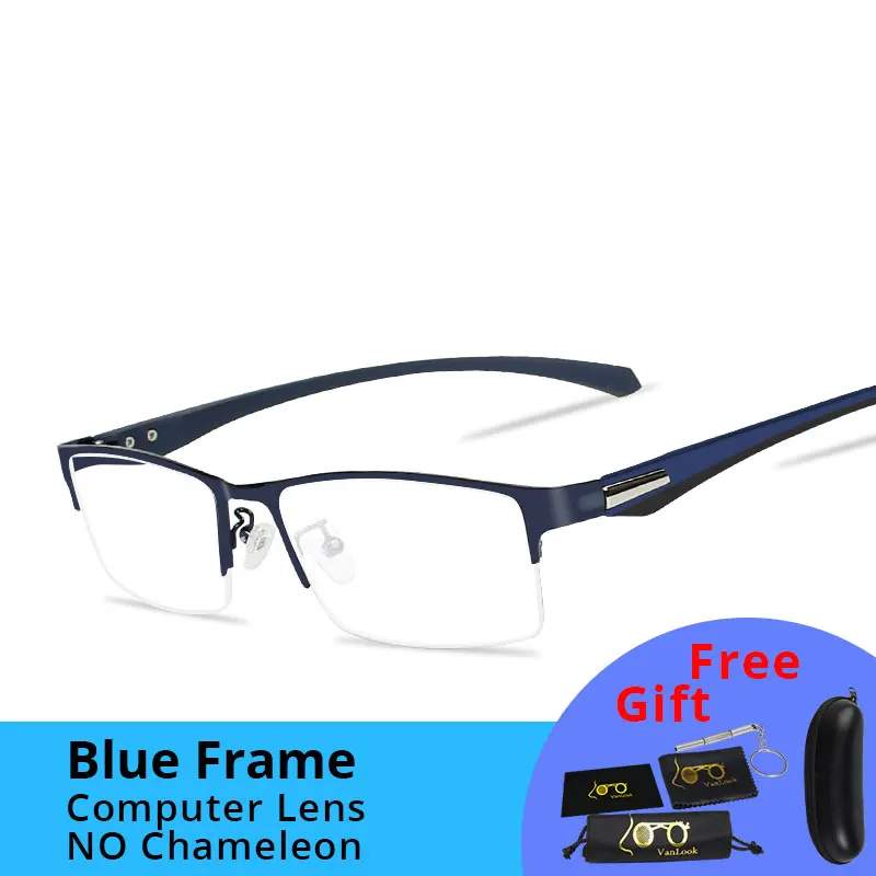Blue Фотохромные очки Хамелеон Линзы Близорукость Blue Light Blocking Мужские компьютерные очки Игра на прицел-0,50-0,75-175-5,5-6 - Цвет оправы: Blue