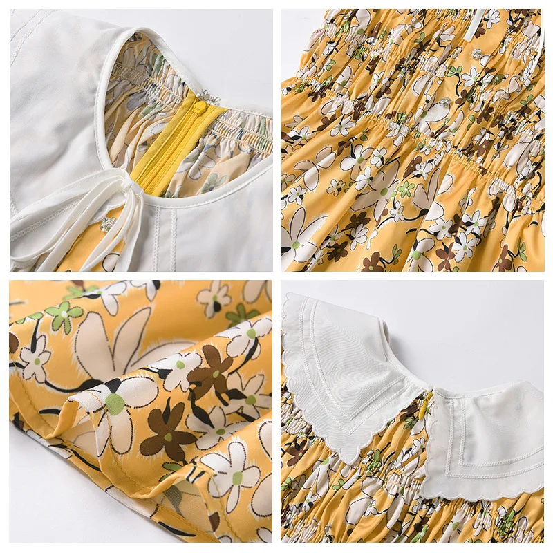 

2021 Daisy Print Summer Dress Women Prairie Chic Peter Pan Collar Crystal Buttons Short Puff Sleeve Fitted A-line Dress Vestidos