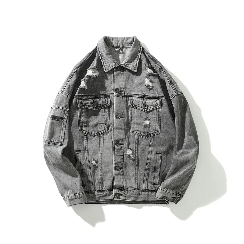 4xl мужские джинсовые куртки-бомберы с дырками винтажные готические буквы вышивка