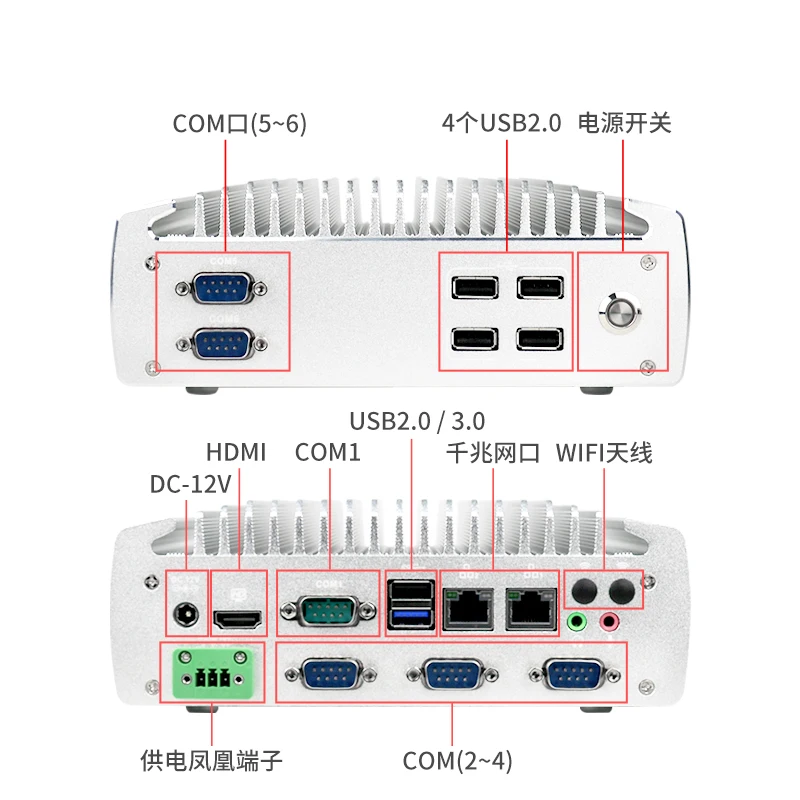 Новейшая Поддержка 6 * COM безвентиляторный мини-ПК с Celeron J1900 2 LAN HDMI VGA