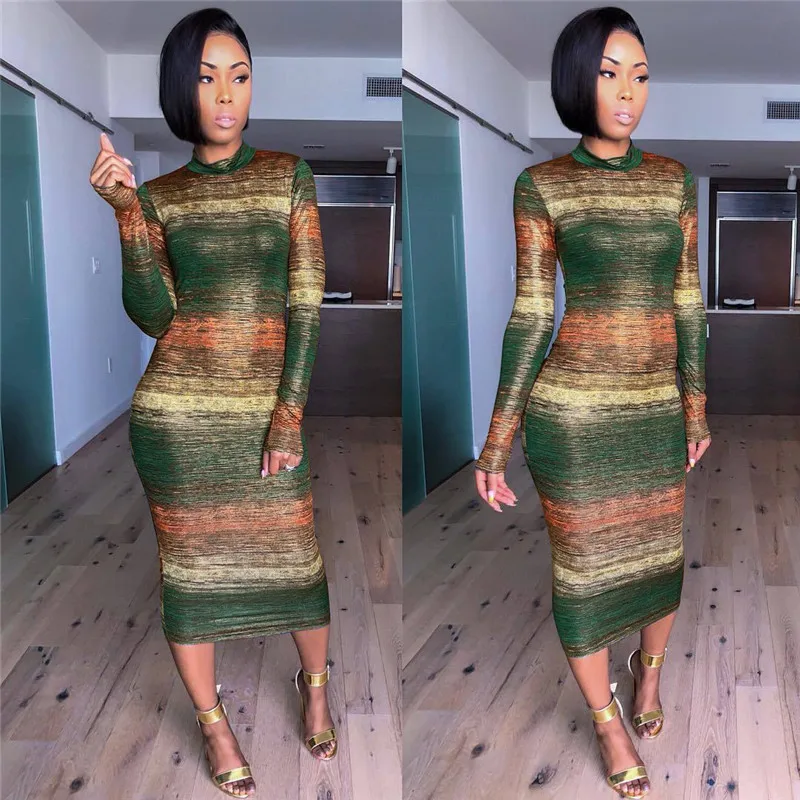 ANJAMANOR градиент Цвет полосатый принт платье бодикон с длинным рукавом женское