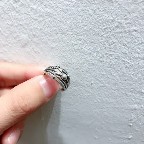 

S925 silver women's ring, original design adjustable opening, retro trendy woven index finger ring for women