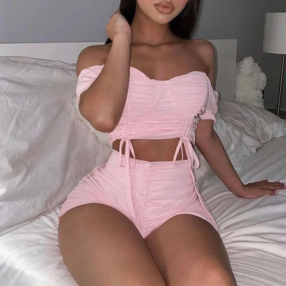 

Summer Sexy Two Piece Set Short Crop Top And High Waist Shorts Club 2 Piece Set Women Matching Set Outfits Streetwear Pink White
