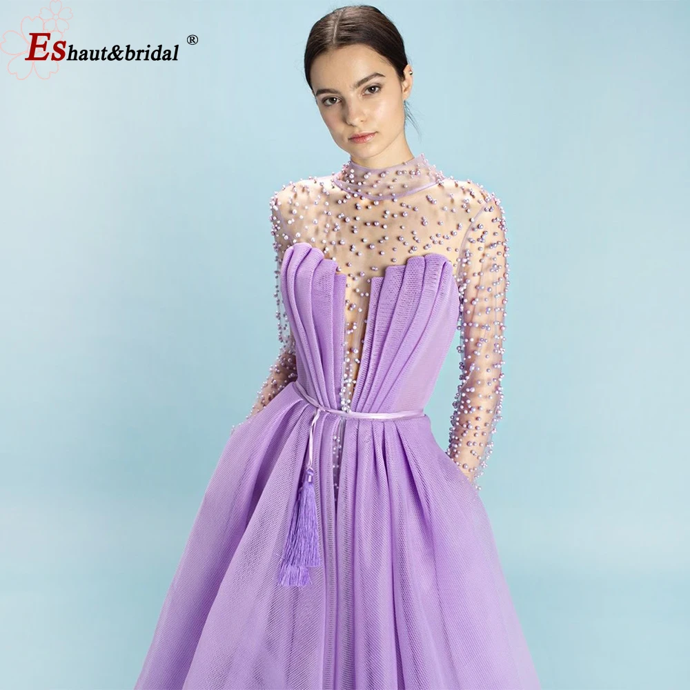 

Luxury High Neck Evening Dress 2020 Long Sleeves Aline Ruffles Pearls Prom Formal Party Gowns