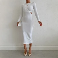 women hollow irregular long sleeve long skirt female high waist cotton solid color sexy club bodycon basic casual elegant dress