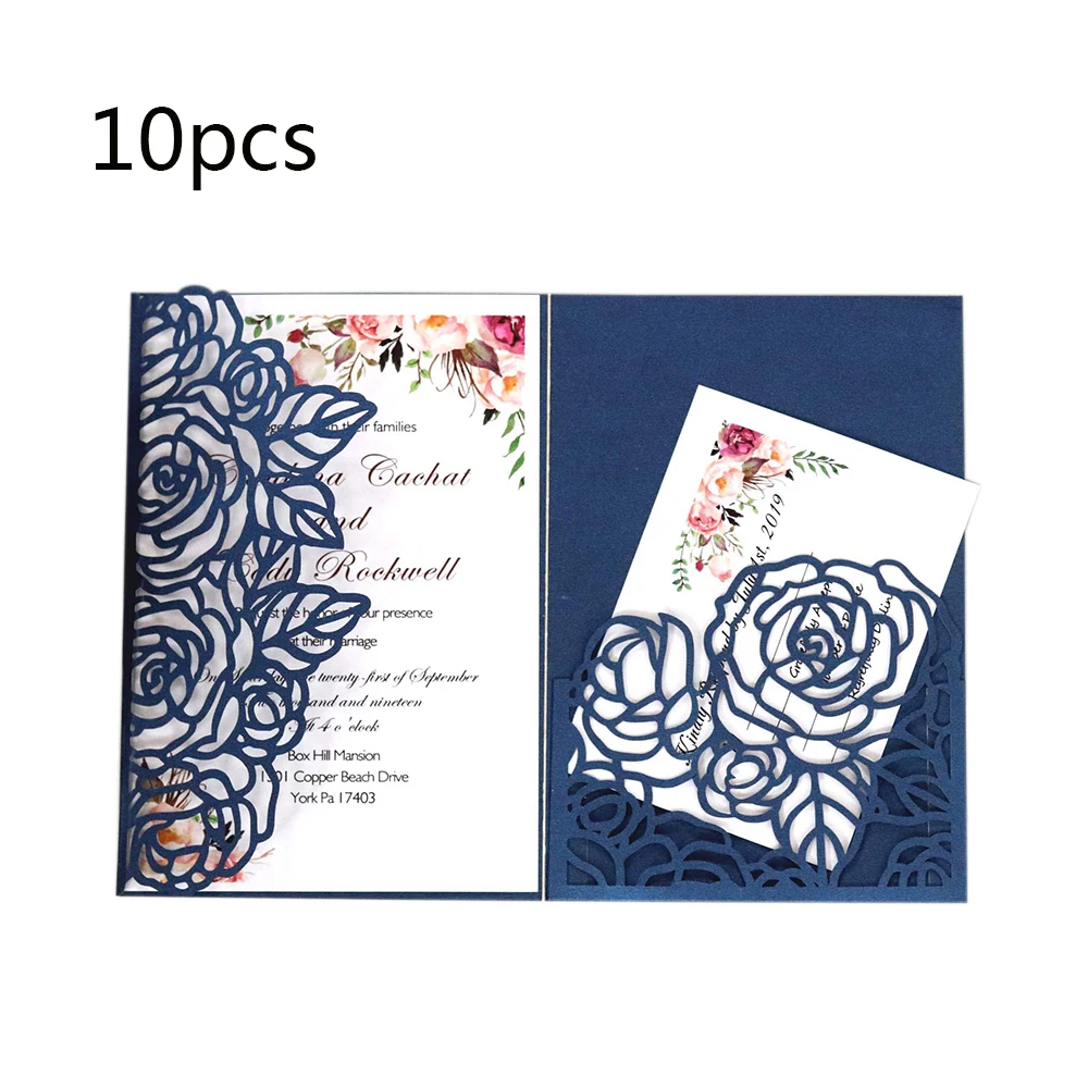 10Pcs/Pack Tri-fold Laser Hollow Plane Rose Dark Blue / White Red Beige Gold Pocket Wedding Business Invitation Cards | Дом и сад