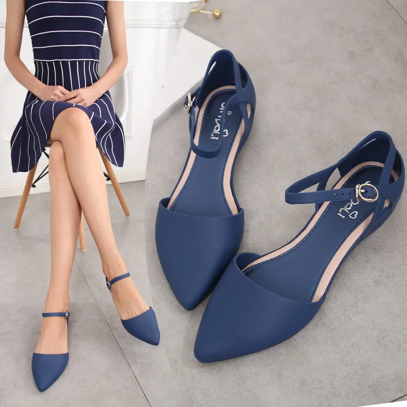 

Akexiya Summer Korean Style Fashion Breathable Pointed Toe Women Beach Sandals Buckle Flat Heels Cover Heel Lady Jelly Shoes