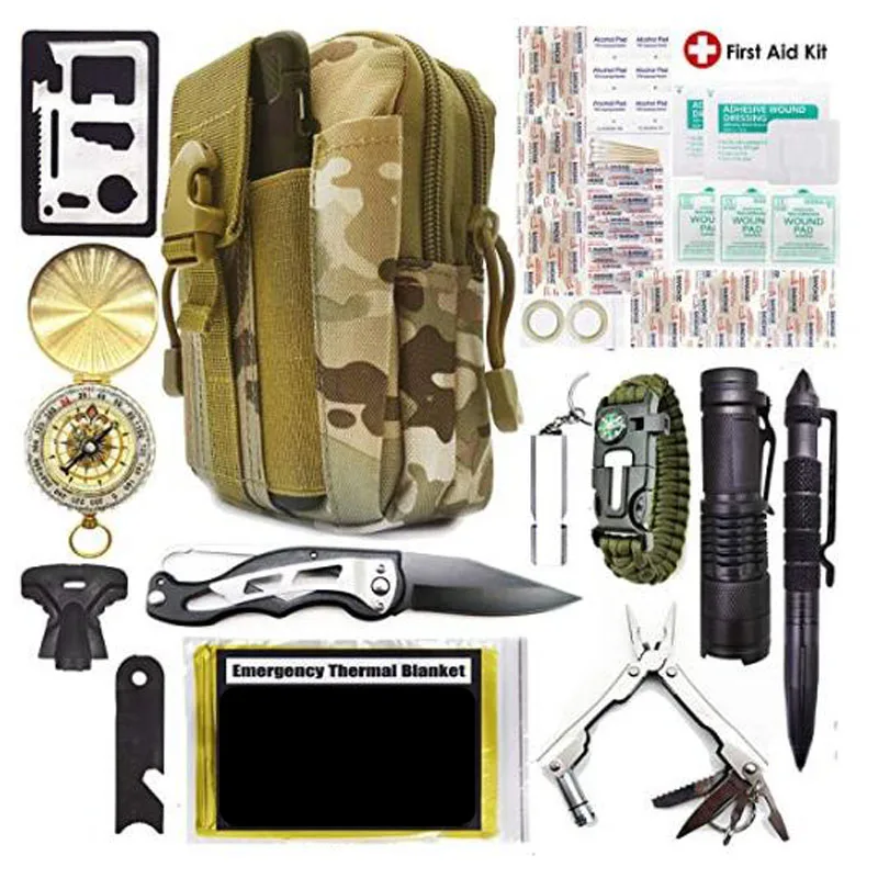 Harga Darurat Survival Kit Peralatan Survival Kit Pertolongan Pertama SOS Taktis Alat Senter Dengan Molle Tas Cocok Untuk Berkemah Petualangan