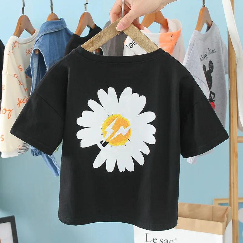 

OHMETOY Summer New All-match Casual Boys and Girls Cartoon Small Daisy Print T-shirt Short Sleeves Children Clothes