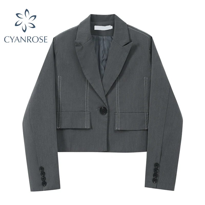 Женский короткий пиджак 2021 серый костюм с одной пуговицей v образным вырезом