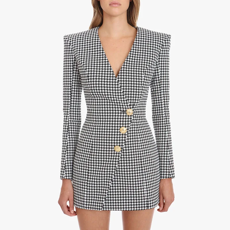 

S-XL High Quality 2020 New Fashion Houndstooth Wool Fabric V-Neck Slim Long Sleeve Metal Button Casual Wild Woman Dress Jacket
