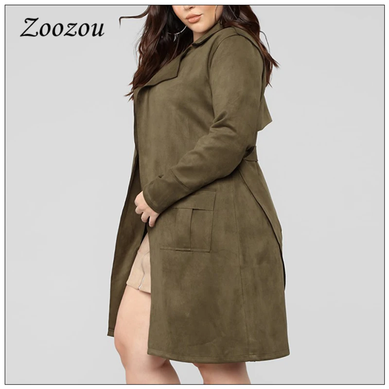 Plus Size Loose Suede Leather Trench Coat Women Winter Tie Belt Warm Outwear Lady Faux Leather Casual Vintage Long Jacket Custom
