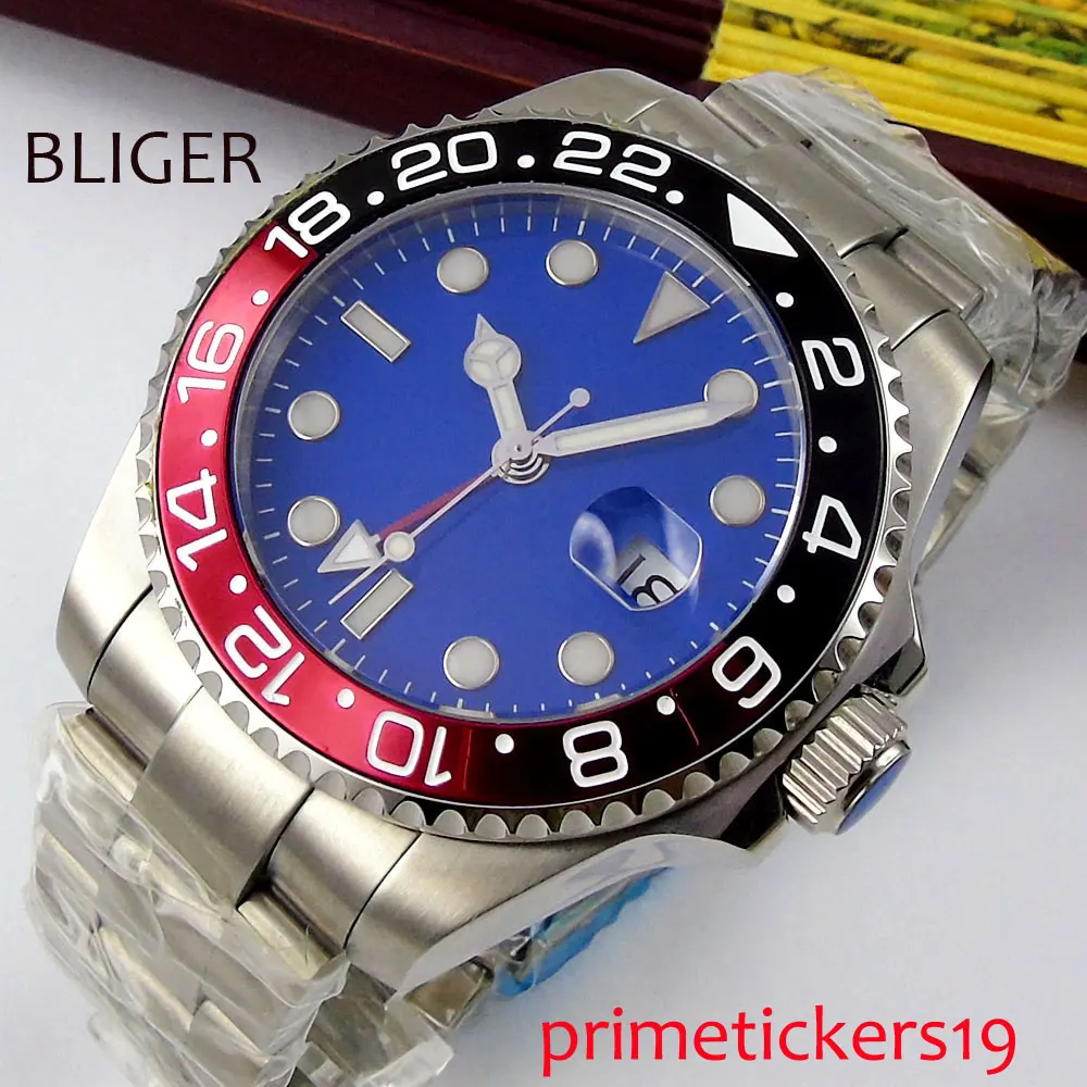 

BLIGER self winding 40mm blue dial sapphire glass date ceramic bezel mental bracelet GMT men's watch 354