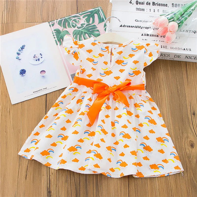 

2021 Infant Summer A-line Dress, Baby Girl Rainbow/Lemon Print Fly Sleeve Round Neck Big Bowknot
