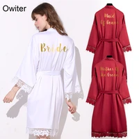 owiter 2019 new burgundy matt satin bride bridesmaid robe silky lace bridal robes wedding party gift bathrobe kimono sleepwear