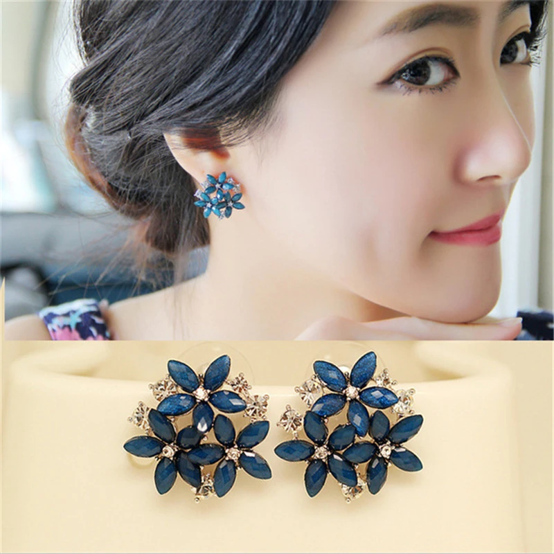

fashion accessories 2019 fashion crystal rhinestone stud earrings 3 flower red blue blackearrings for women jewelry gift