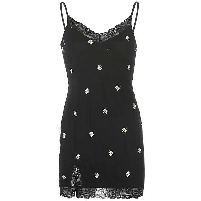 

HEYounGIRL 90s Print Embroidery Lace Sexy Bodycon Dress Split Summer Mini Dresses Ladies Embroidery Sleeveless Short Dress Y2K