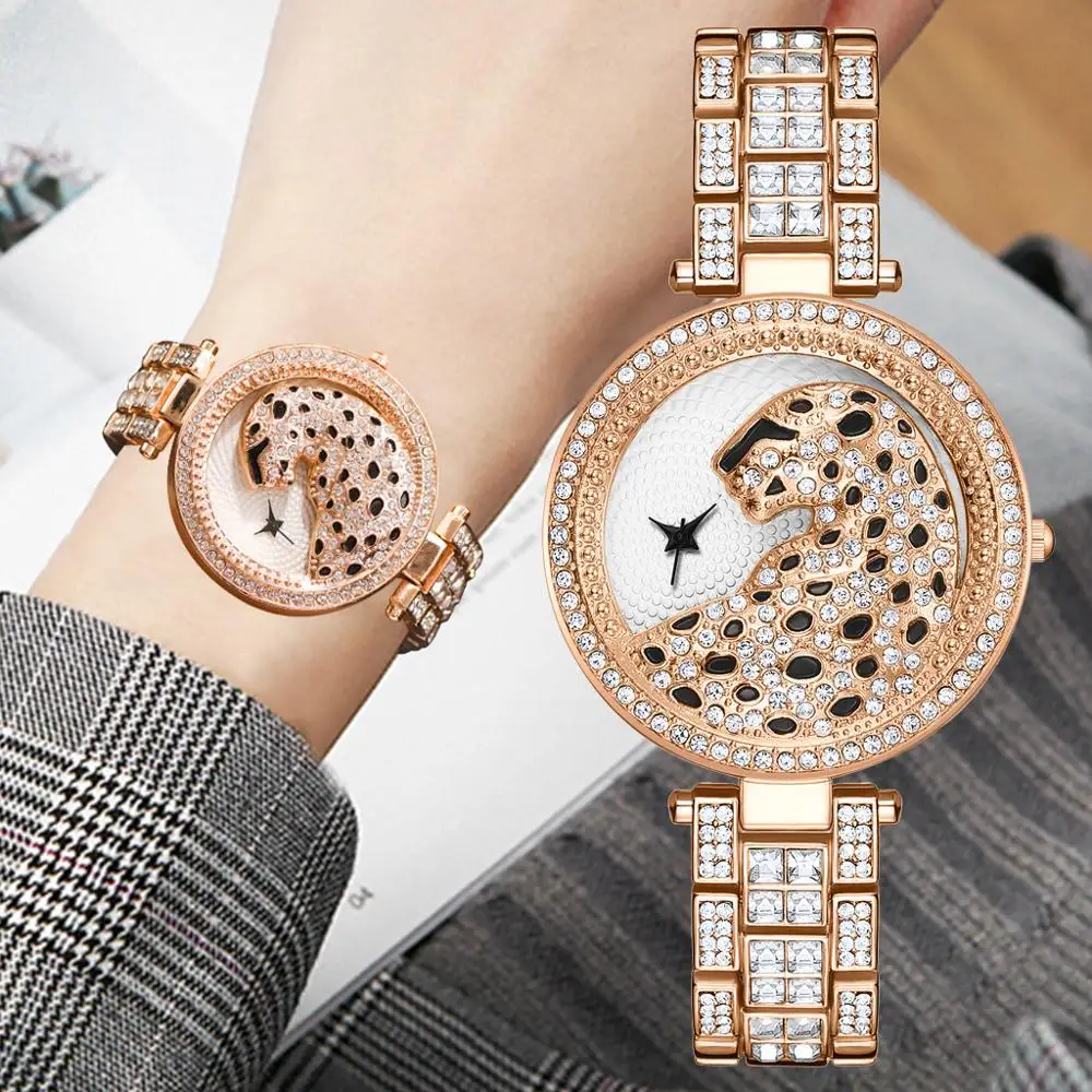 

Top Frauen Quarzuhr Mode Bling Casual Damen Uhr Weibliche Quarz Rose Gold Uhr Kristall Diamant Leopard Fur Frauen Uhr