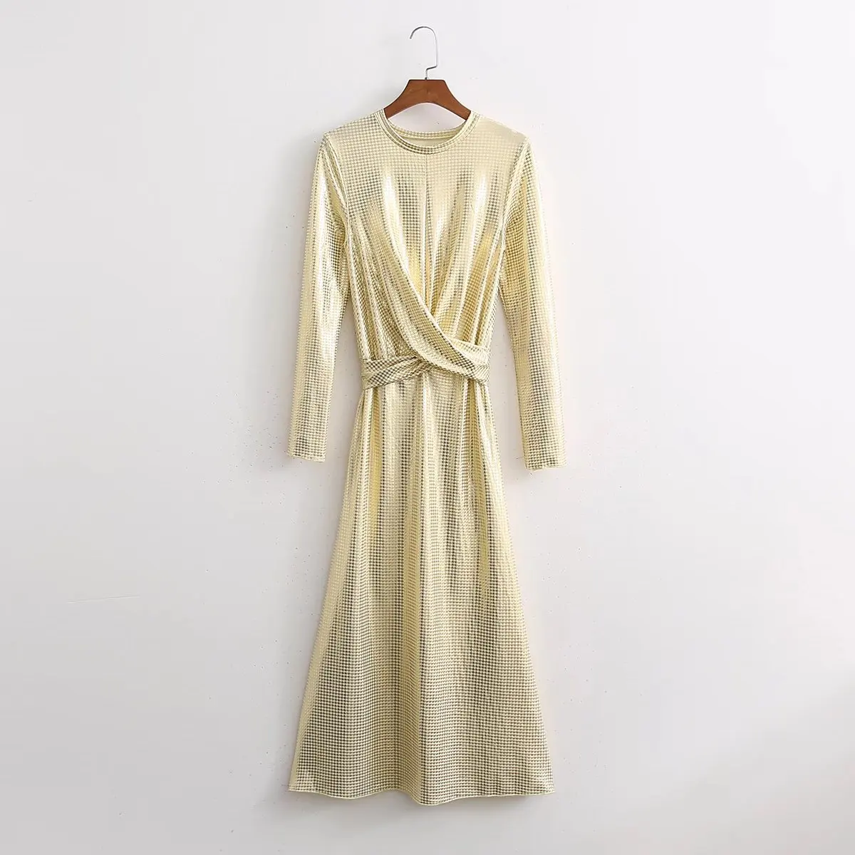 

Clazzaa Women Fashion Bandage Bronzing Midi Dress Vintage O-Neck Long Sleeves Casual Female Dresses