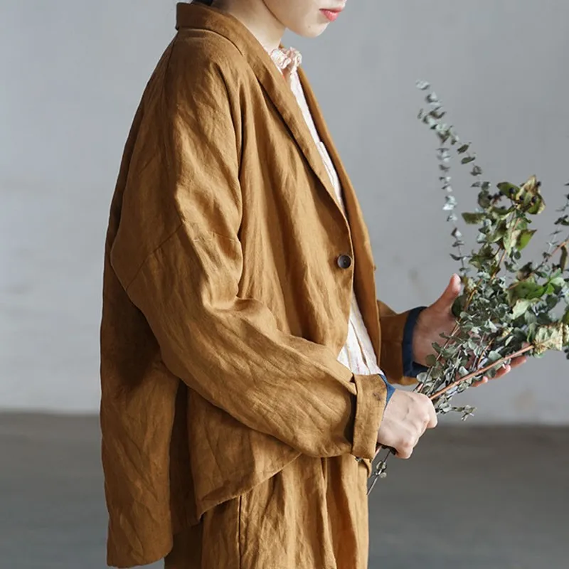 

Johnature Autumn New 2021 Cotton Linen Retro Turn-down Collar Single Button Long Sleeve Coats Loose Leisure All-match Women Coat