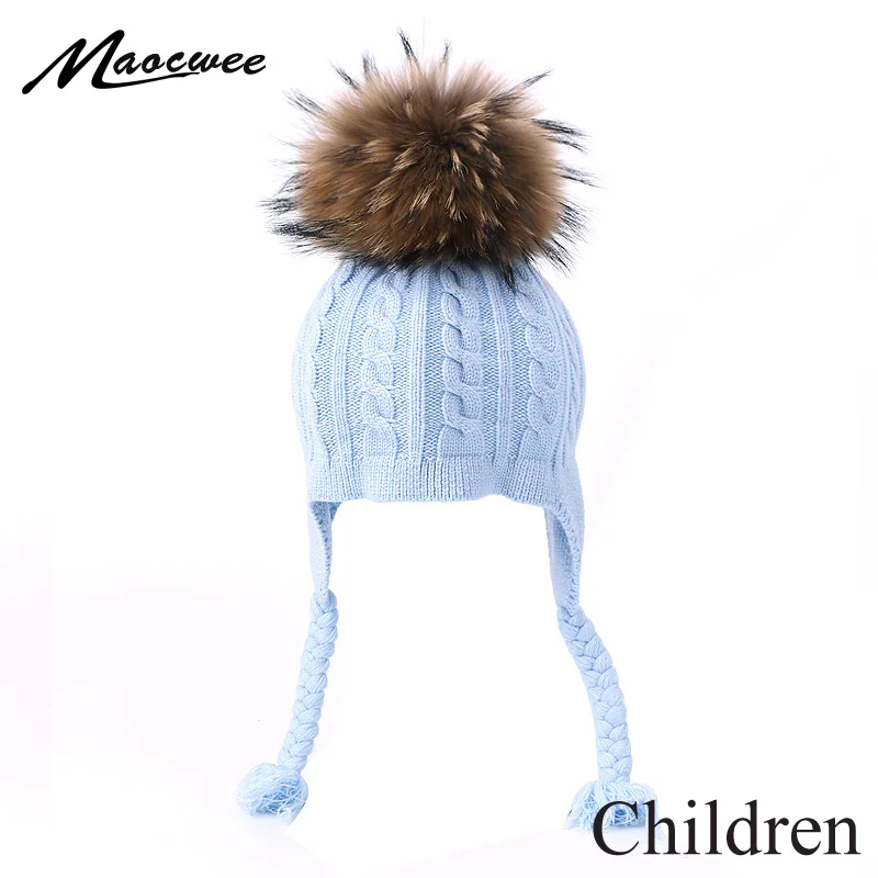 

Kids Fur Pom Pom Hat Winter Warm Real Big Fur Ball Braid Hat Children Elasticity Knit Beanie Hats Girls Boys Baby Bonnet Muts