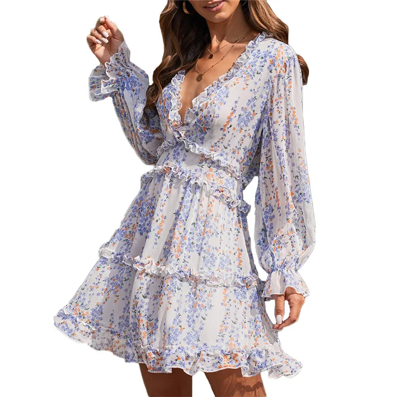 

Chiffon Puff Sleeve Dress Women Spring Autumn New Fashion Back Hollow Out Deep V-neck Holiday Beach Floral Dresses Female LR1520