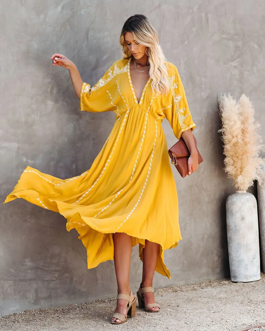 

Bohemian New Embroidered Casual Long Dress For Women Mid Calf V Neck Vestidos