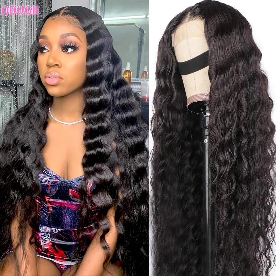 

ADUGII Loose Deep Wave Wig 13X4 Pre Plucked Wigs For Women Natural Black Peruvian Hair 4x4 Transparent Lace Closure Human Wigs