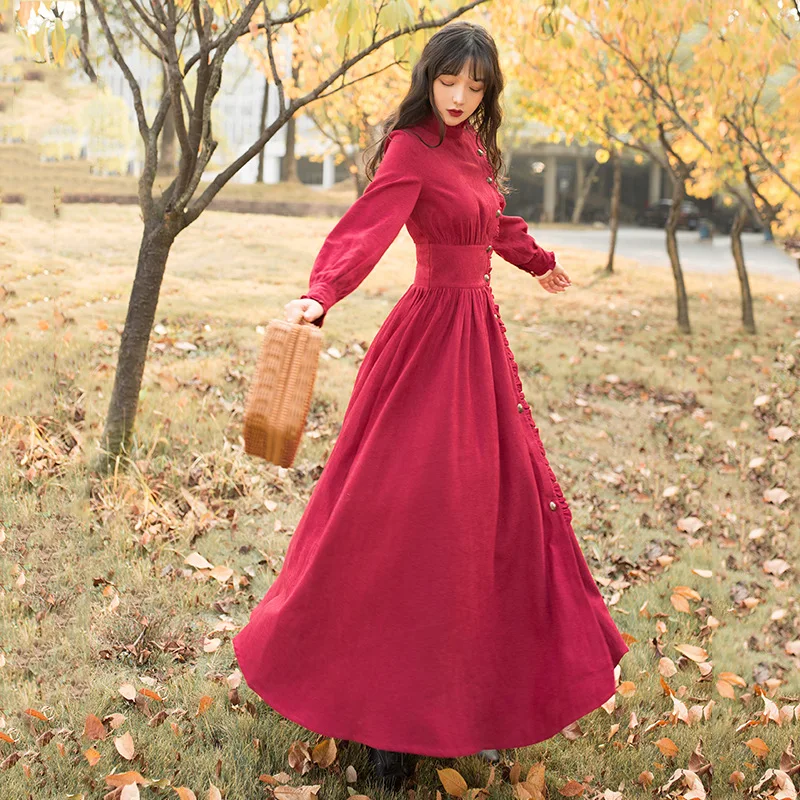 

Женская одежда на весну и осень, новое французское нишевое вельветовое ретро платье винного цвета, тонкое темпераментное длинное платье с в...