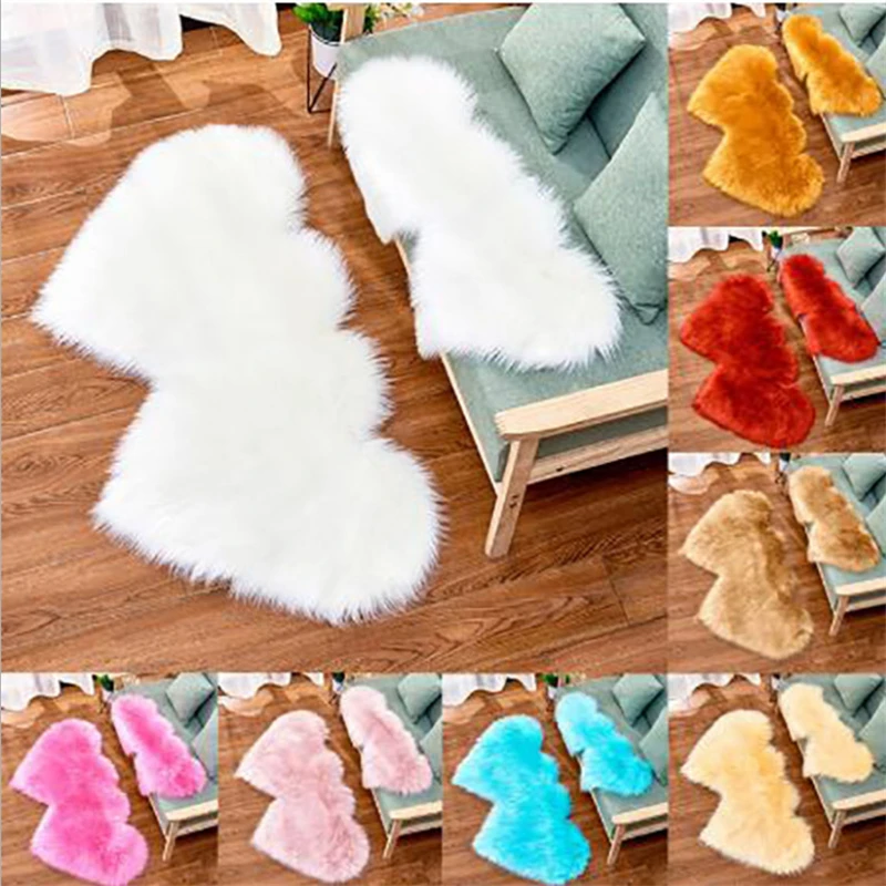 

2021 New Living Room Carpet Double Heart Artificial Wool Sheepskin Floor Rug Shaggy Bedroom Room Faux Fluffy Carpets Mats