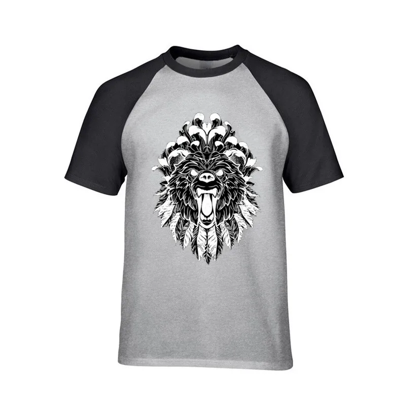 Bear Grizzly Roar Tattoo Feathers peony Distressed on sale Men brand tshirts 100% cotton gift t-shirt lion king male tv t shirts Мужская