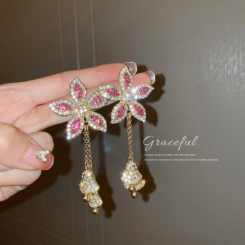 

925 Silver Needle Diamond Inlaid Large Flower Bell European And American Exaggerated Tassel Long Fashion Atmospheric Earrings