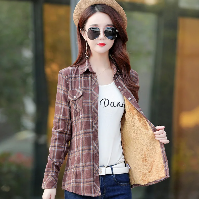 

New Women Wool Thicken Plaid Shirts Female M-5XL Flannel Long Sleeve Blouses Cotton Cashmere Shirt Winter Pockets Slim Tops