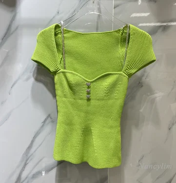 

Crop Top Women Sexy Skinny Knitted T Shirt New Rhinestone Chain Tight Short Sleeve Knitwear 2021 Spring and Summer Female Cloth