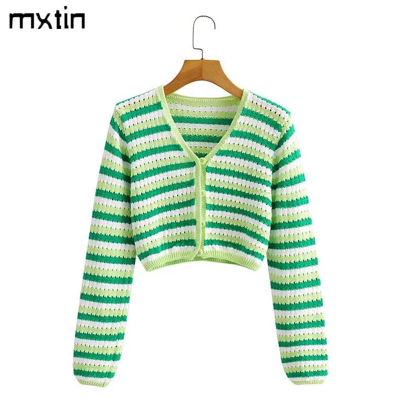 

MXTIN 2021 Women Autumn Fashion Stripes Cardigan Knitted Sweater Vintage V Neck Long Sleeve Hollow Out Female Casual Outerwear