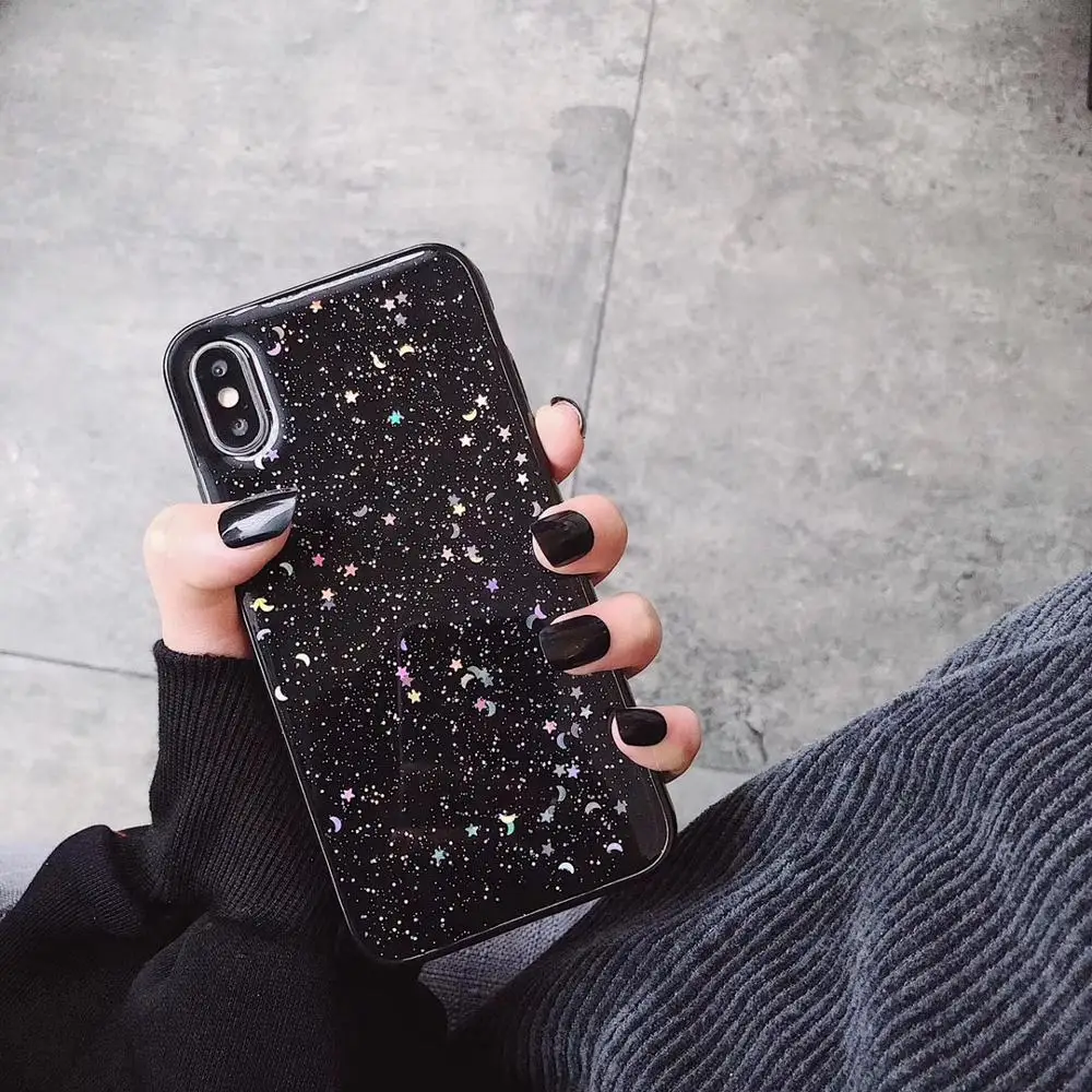 Черный Блестящий гелевый ТПУ чехол для телефона 6, 6 S, 7, 8 plus, чехол с цветными звездами, Луной и сияющими блестками для iphone 11, PR0 X XS Max, XR, мягкий чехол - Цвет: Черный